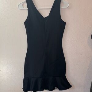 Lucky Lady Black Tight Mini Dress with Ruffled Hem, V Neckline